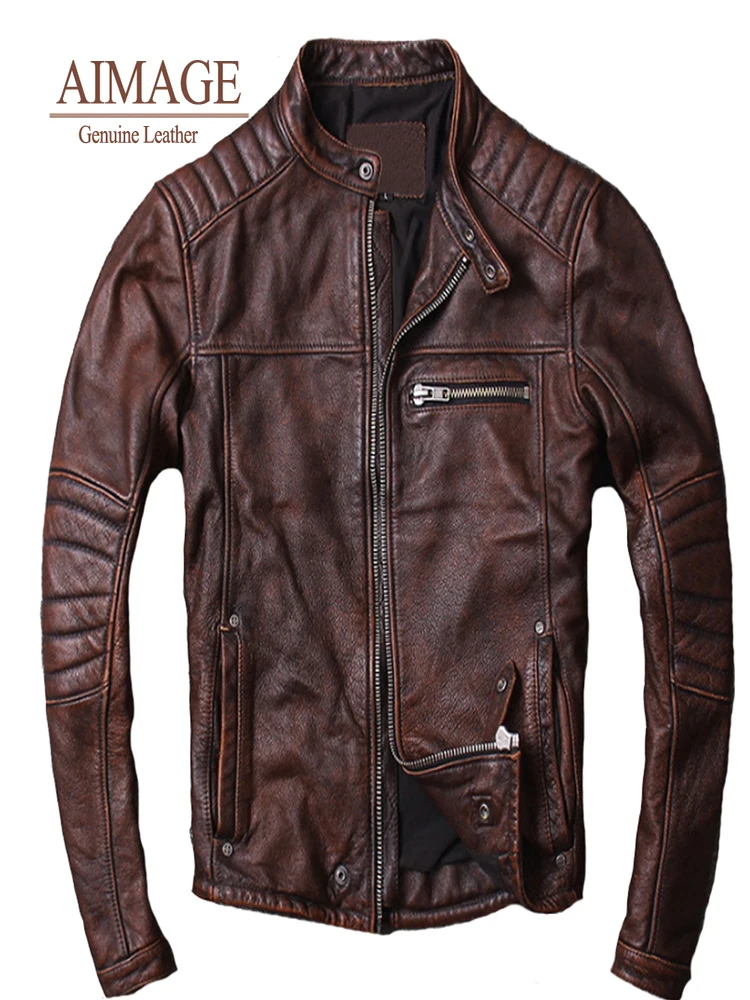 

кожаная куртка мужская Men Genuine Leather jacket jaqueta masculina Vintage Brown Cowhide Coat Slim Fashion Biker