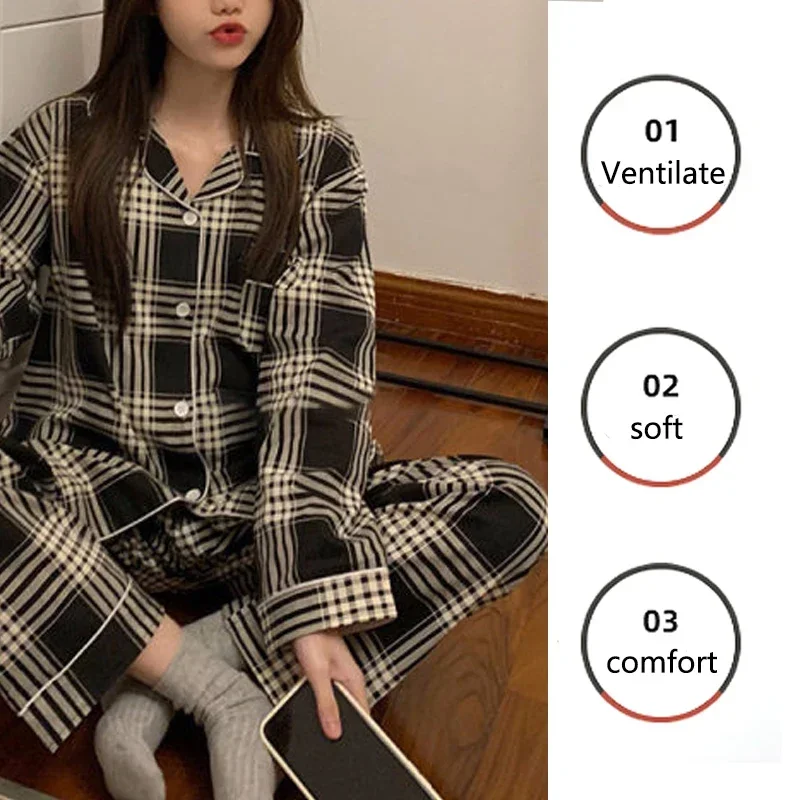 Pigiama taglie forti Cardigan Risvolto Autunno e inverno Pantaloni lunghi a maniche lunghe retrò Studente che dorme Facile da pulire Check nero da donna