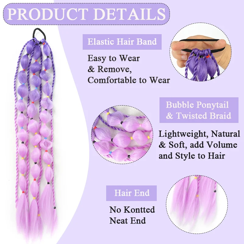 LUPU Synthetic Bubble Ponytail Colored Hair Extensions for Kids Women Festival Rave Ombre Crazy Hair Day Accessories Girls