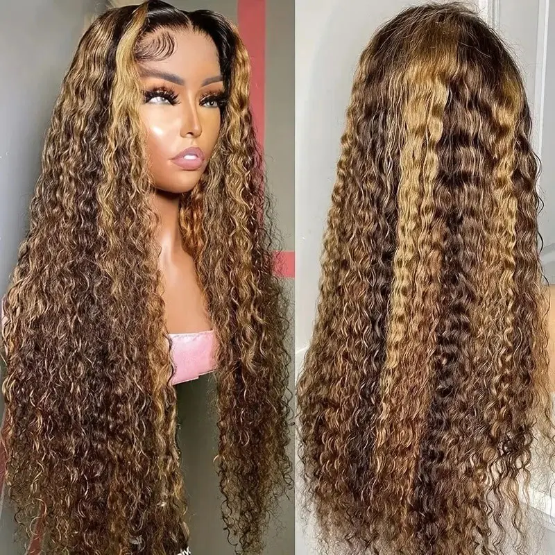 Highlight Honey Blonde Water Wave Lace Front Human Hair Wigs 13x4 Transparent Lace Frontal Wig Deep Curly Ombre 4/27 Lace Wigs