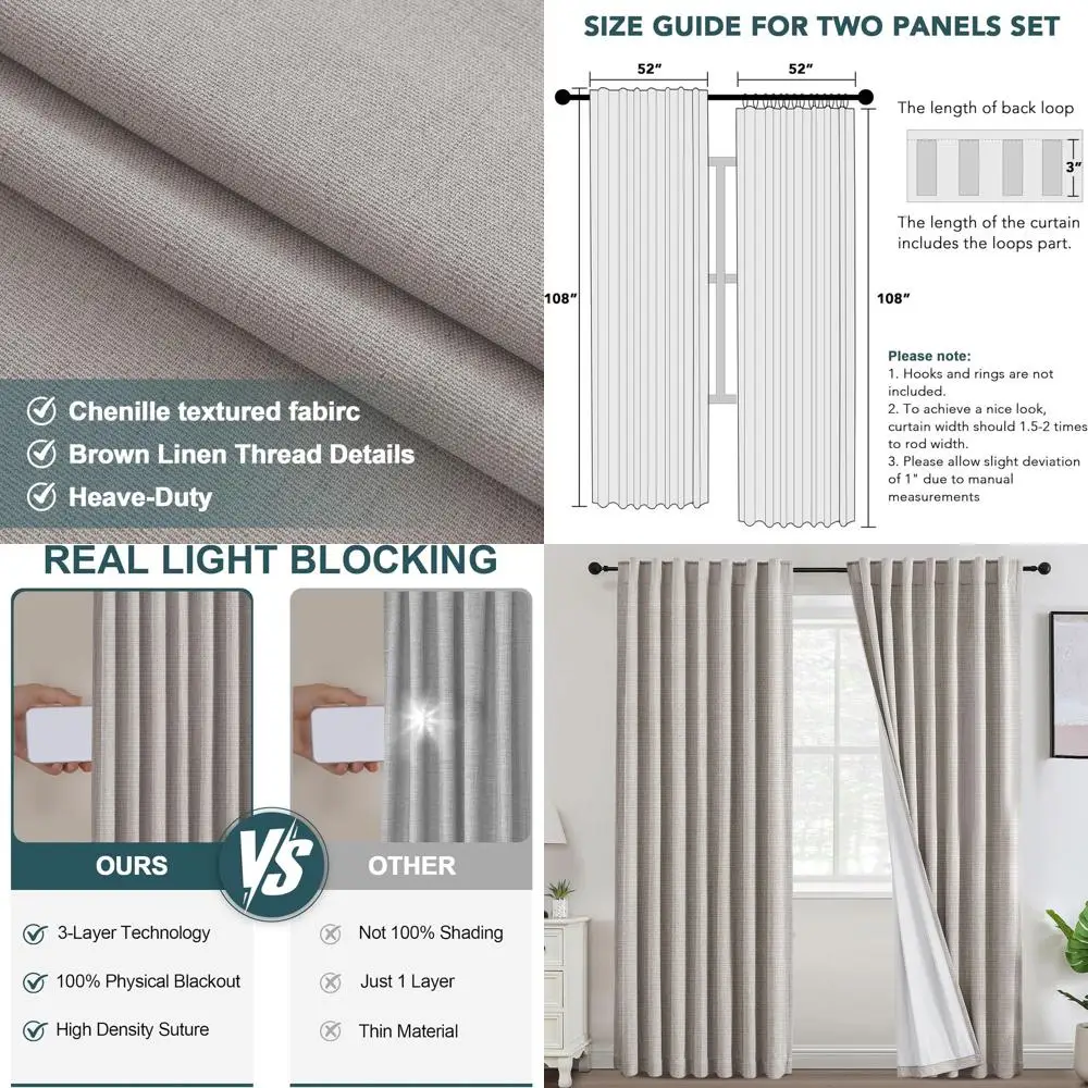 

Льняные шторы из шенилла с эффектом затемнения, 52 дюйма в ширину x 108 дюймов в длину, термоизолирующие, энергосберегающие, цвет облачного неба, для спален, гостиных.