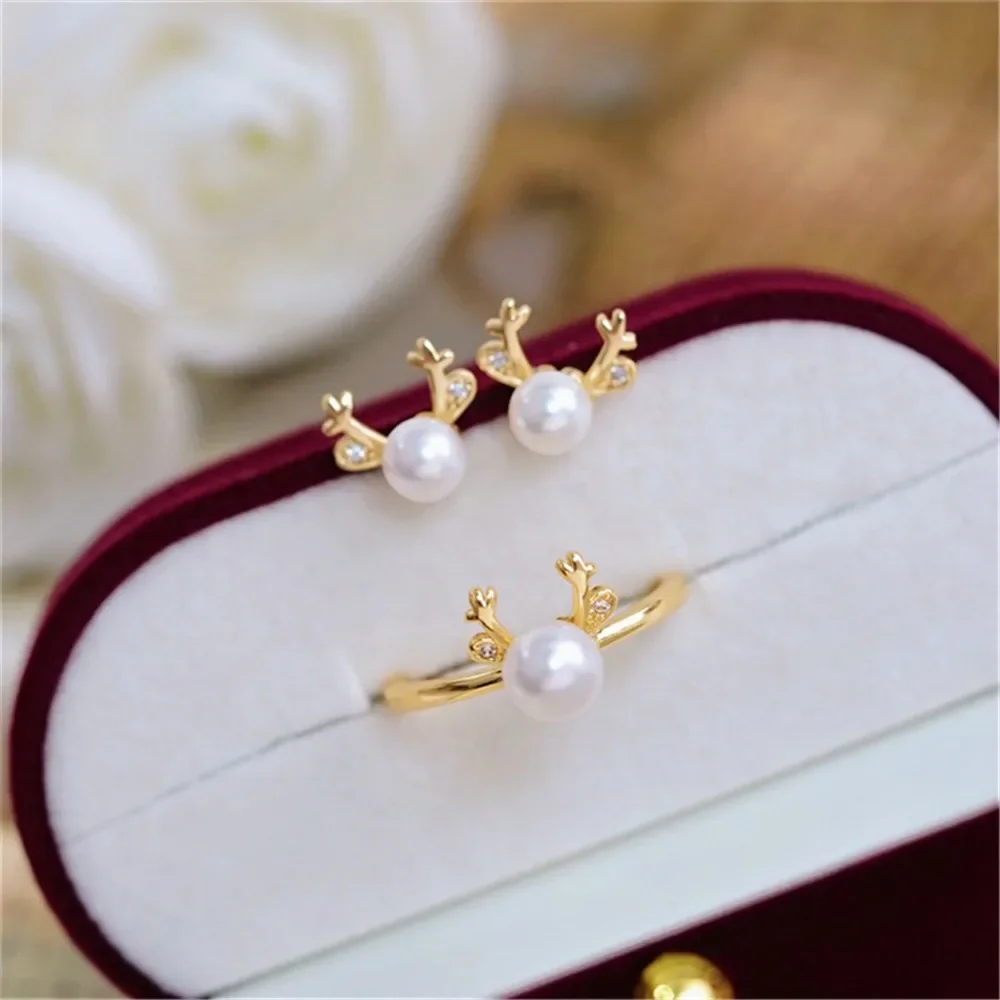 DIY Pearl Accessories 18K Bag Gold Copper Thick Gold Plated Antlers Stud Earrings Ring Set Work in Progress Gold Silver