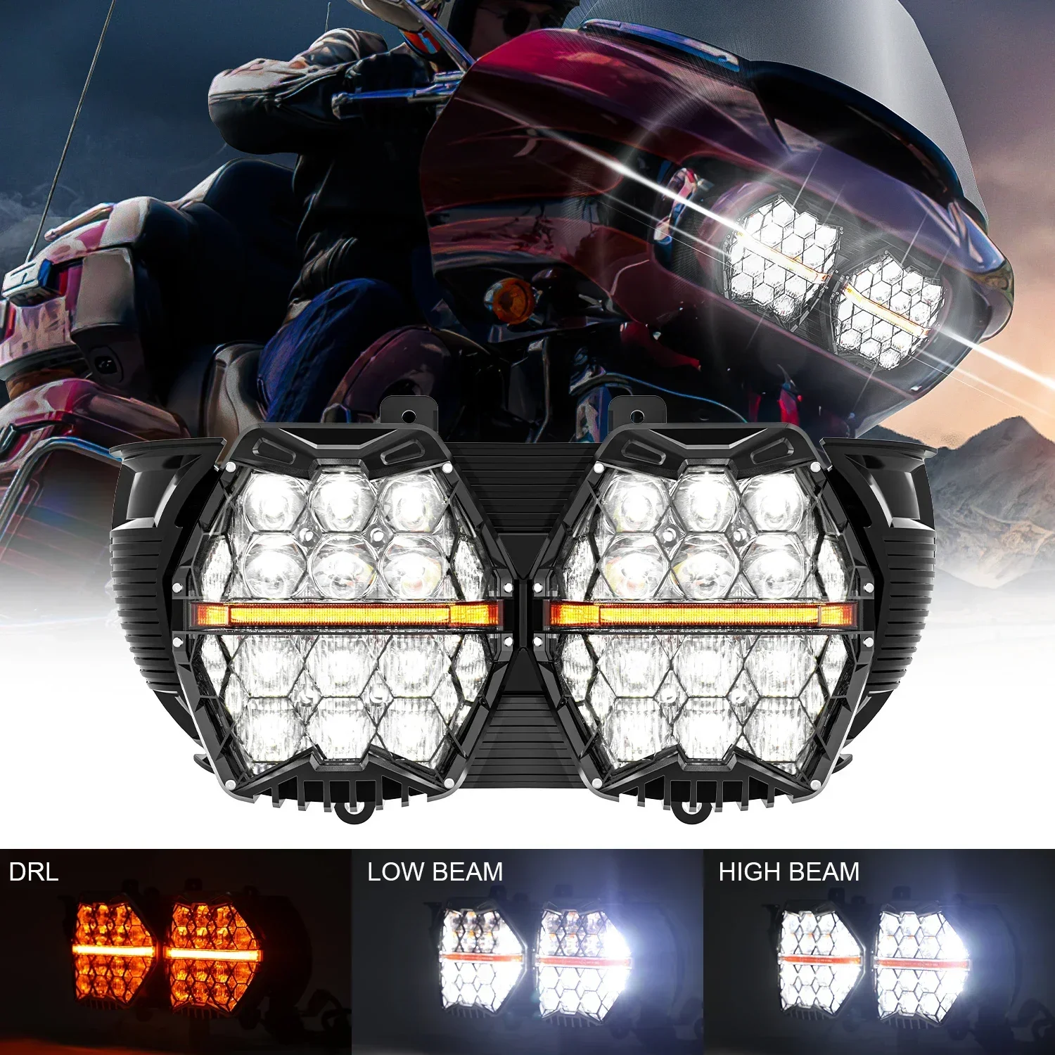 Newest Black/Chrome 240W Super Bright Dual Motorcycle Headlight with Daytime Running for  Road Glide 2015+