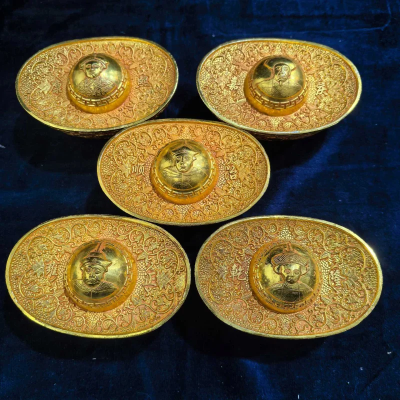 Antique Copper Gold-Plated Qing Dynasty Five Emperors Double Dragon Gold Ingot Ornament Gilded Craft Collectible