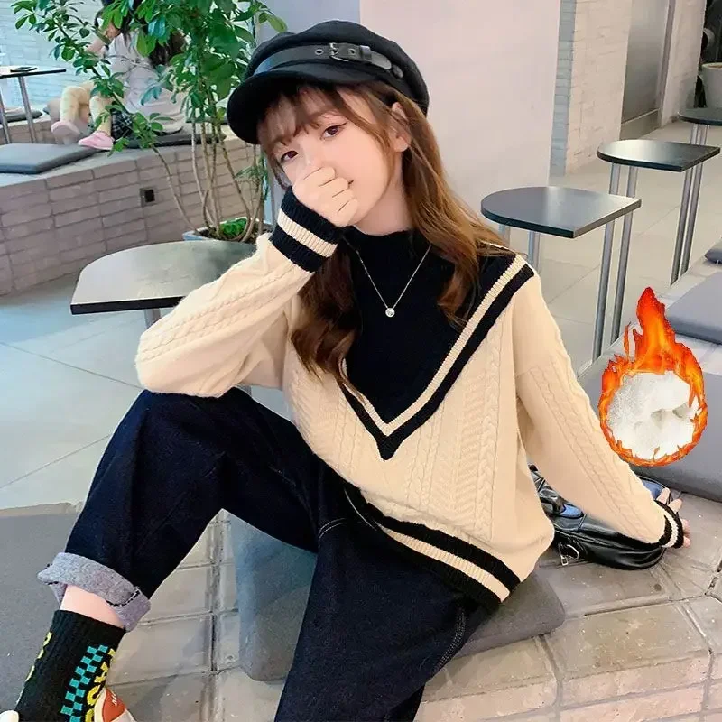 Autumn Winter High Neck Girls' Pullover Long Sleeve Fashion Versatile Korean Kids Sweaters Patchwork Children's Clothing Tops image 4