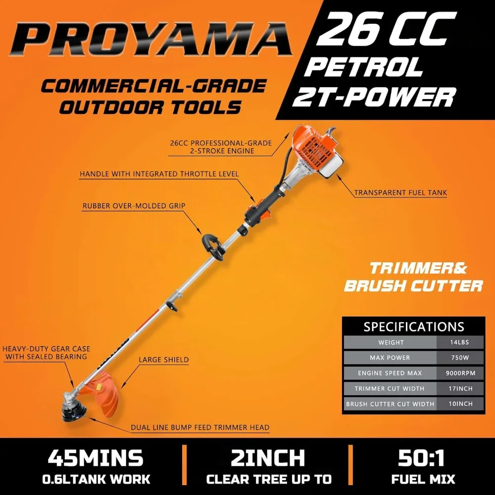 26cc Weed Eater/Wacker Gas Powered, 2-Cycle Gas String Trimmer/Edger, 3 in 1 Brush Cutter with 17’’ Cutting Path