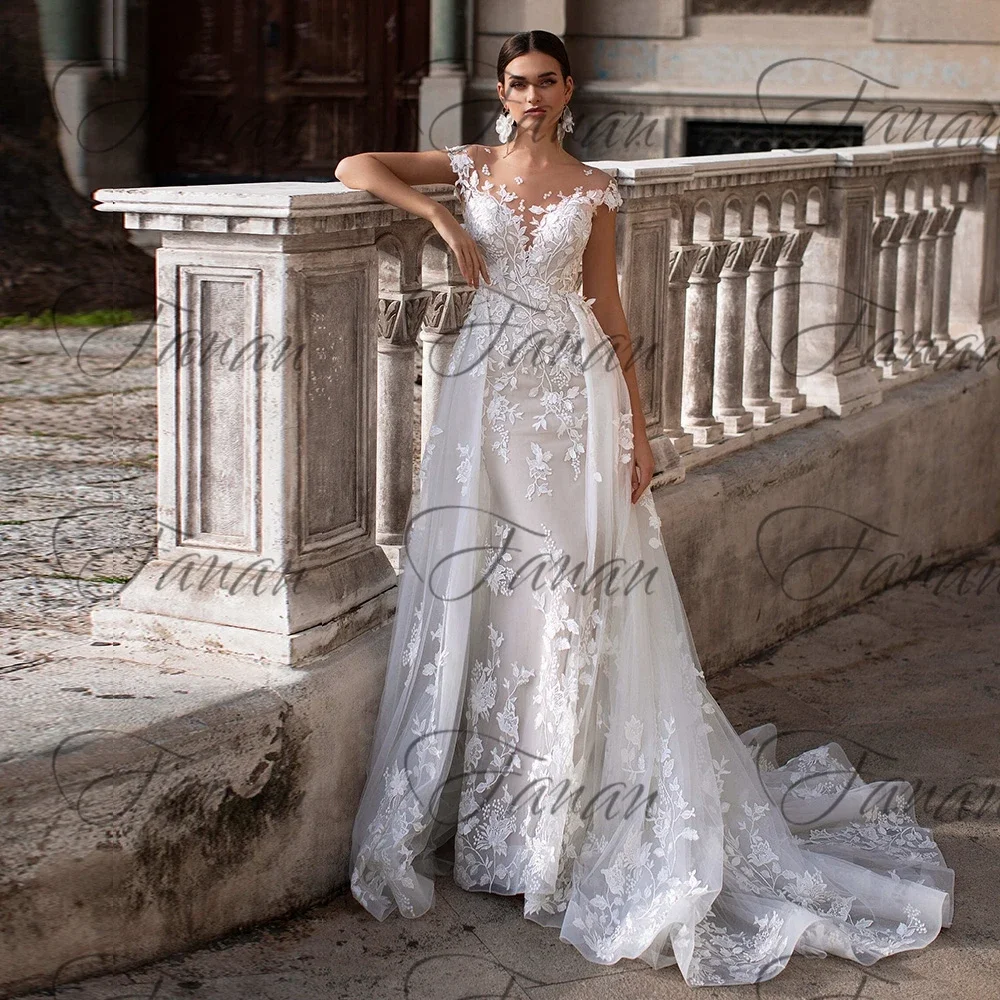 Vestido de novia de sirena de manga corta de lujo personalizado con tren desmontable vestidos de flores 3D apliques largos nupciales