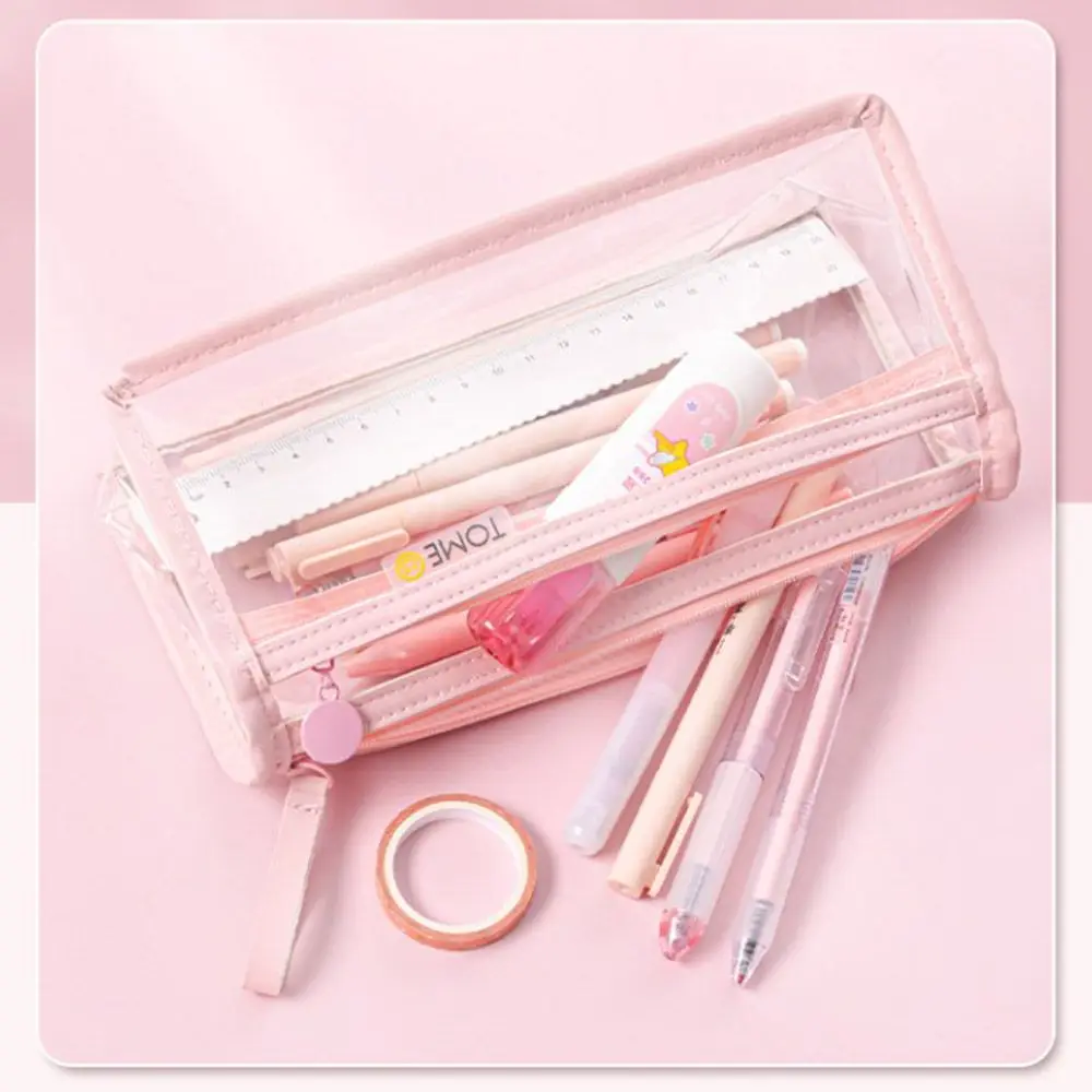 حقيبة أقلام رصاص شفافة مزدوجة بسعة كبيرة ، حقيبة قرطاسية بسيطة ، محمولة ، بولي كلوريد الفينيل ، مستلزمات مدرسية #3