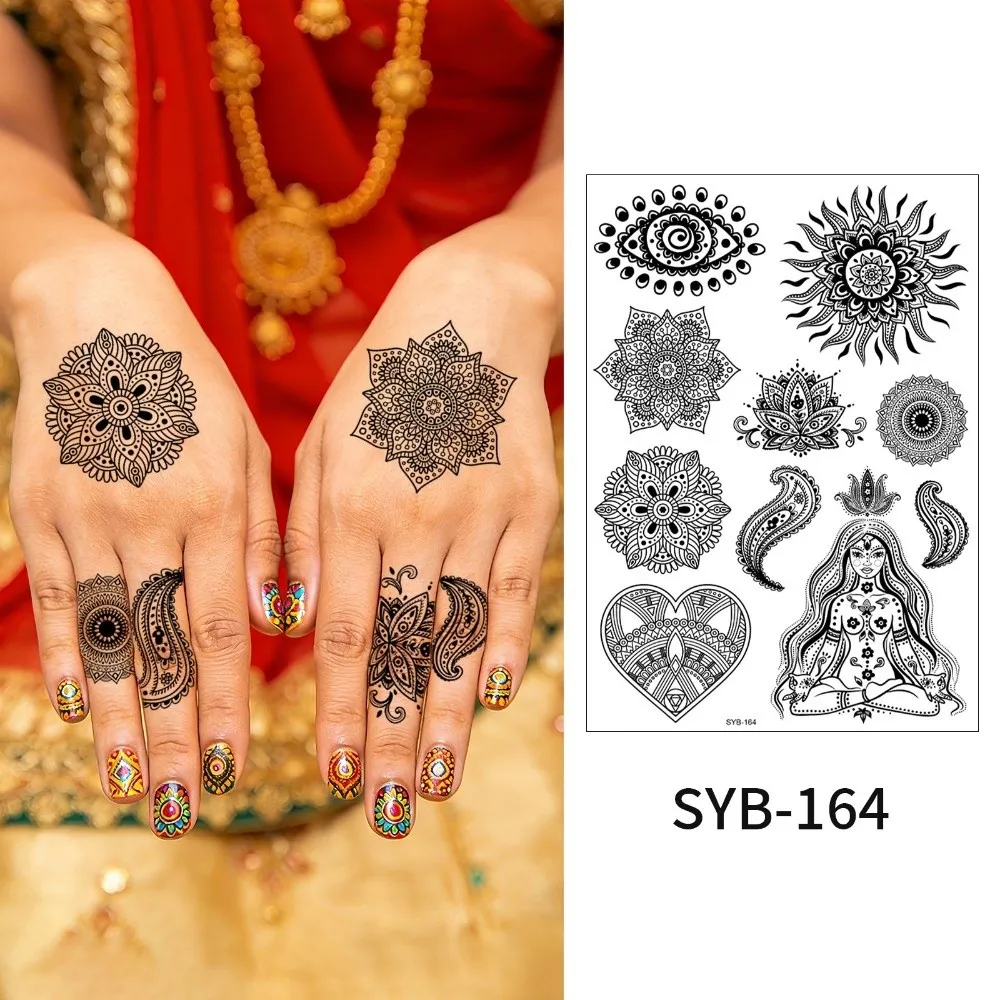 Water Transfer Decals Mandala Henna Tattoo Stickers India Mehndi Flower Instant Henna Temporary Tattoo Fake Waterproof