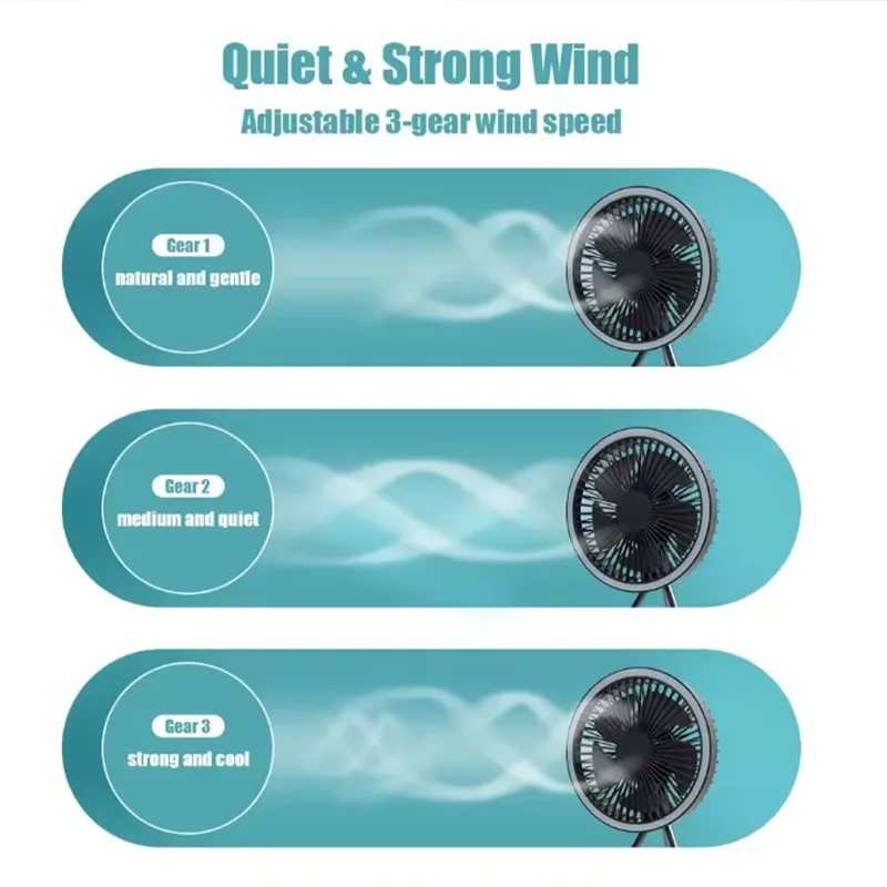 2025 رائجة البيع المحمولة اللاسلكية مروحة قابلة للشحن 10000mAh خيمة التخييم في الهواء الطلق استخدام مكتب ودية مع الإضاءة LED الخارجية