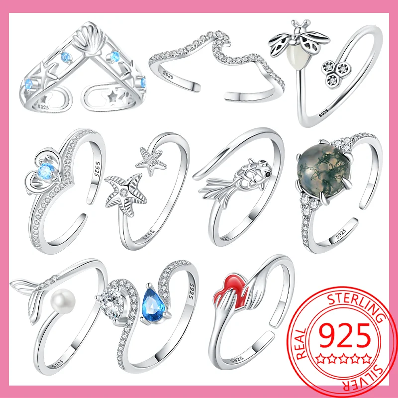 

925 Sterling Silver Sea Mermaid Sea Star Sea Turtle Blue Zircon Ring Size Adjustable Men and Women Ring Anniversary Jewelry Gift