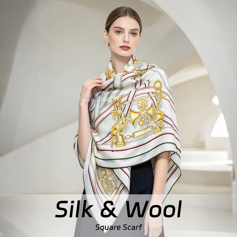 Autumn and Winter Warm Scarf 30% Pure Natural Silk+70% Wool 130x130CM Double-sided digital printing green shawl Equestrian print