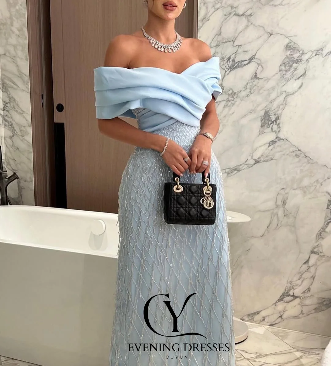 CUYUN Off the Shoulder Beading Luxury Women Party Dress Evening Gown for Special Occasion Customized Ankle-Length Straight Gown