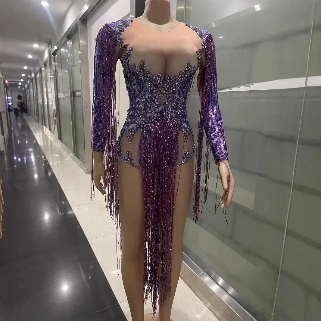 

2026 New Sexy Latin Salsa Dance Jumpsuit for Women, Showgirl Performance Bodysuit with Tassels & High Slit, Long Sleeve Clubwear