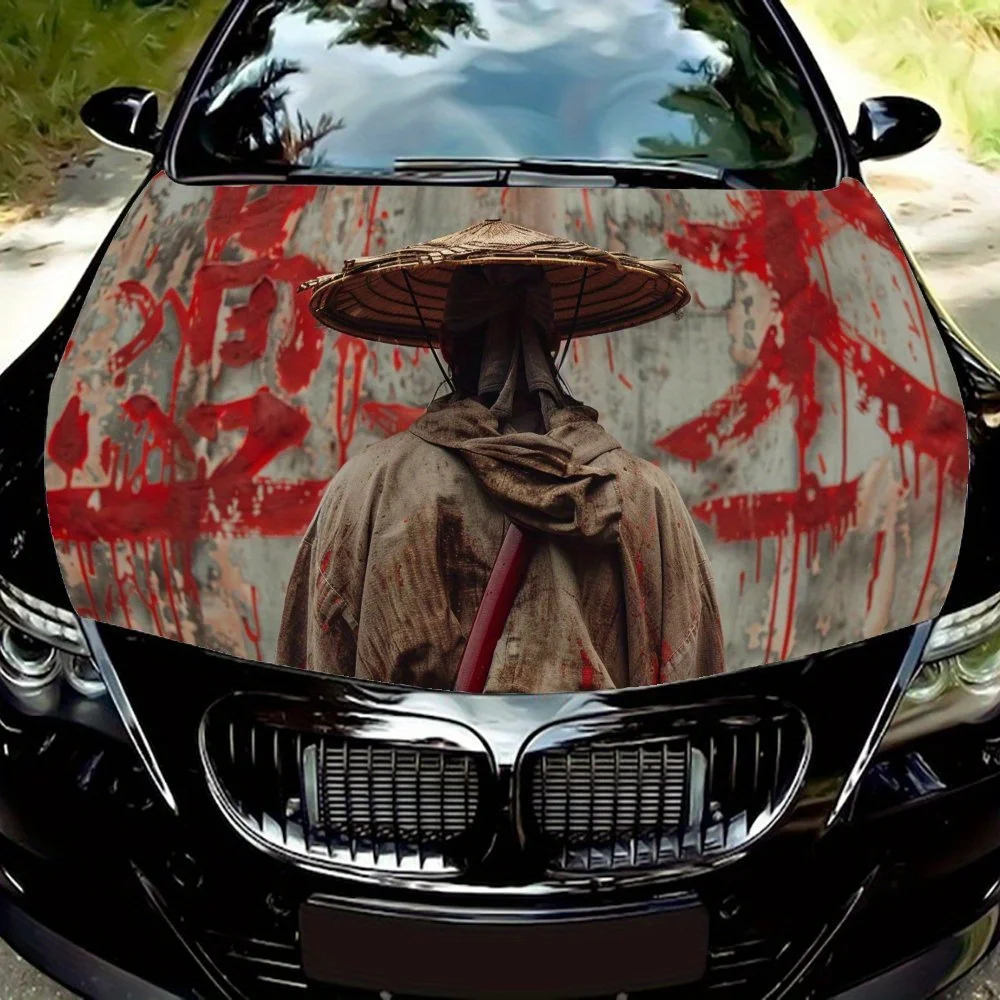 

Japanese Warrior Wearing A Conical Hat Red Japanese Text Car Hood Wrap Color Vinyl Sticker Truck Graphic Bonnet Auto Accessories