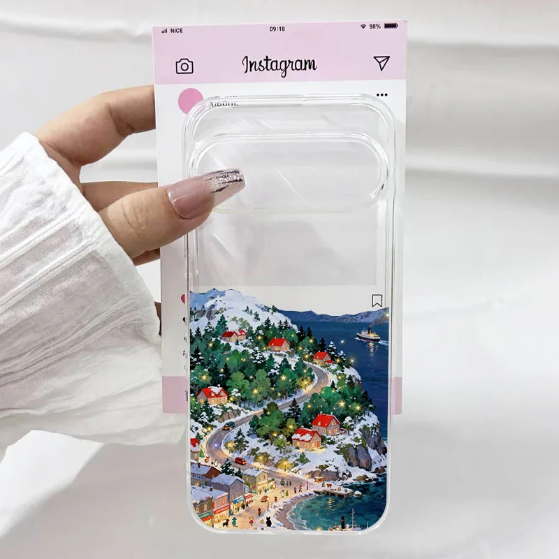 عيد الميلاد مدينة قرية مشهد جراب هاتف لجوجل بكسل 10 برو XL 9 برو 8 برو 6 7A 6A 5G الشتاء الثلوج واضح لينة غطاء من البولي يوريثان #5