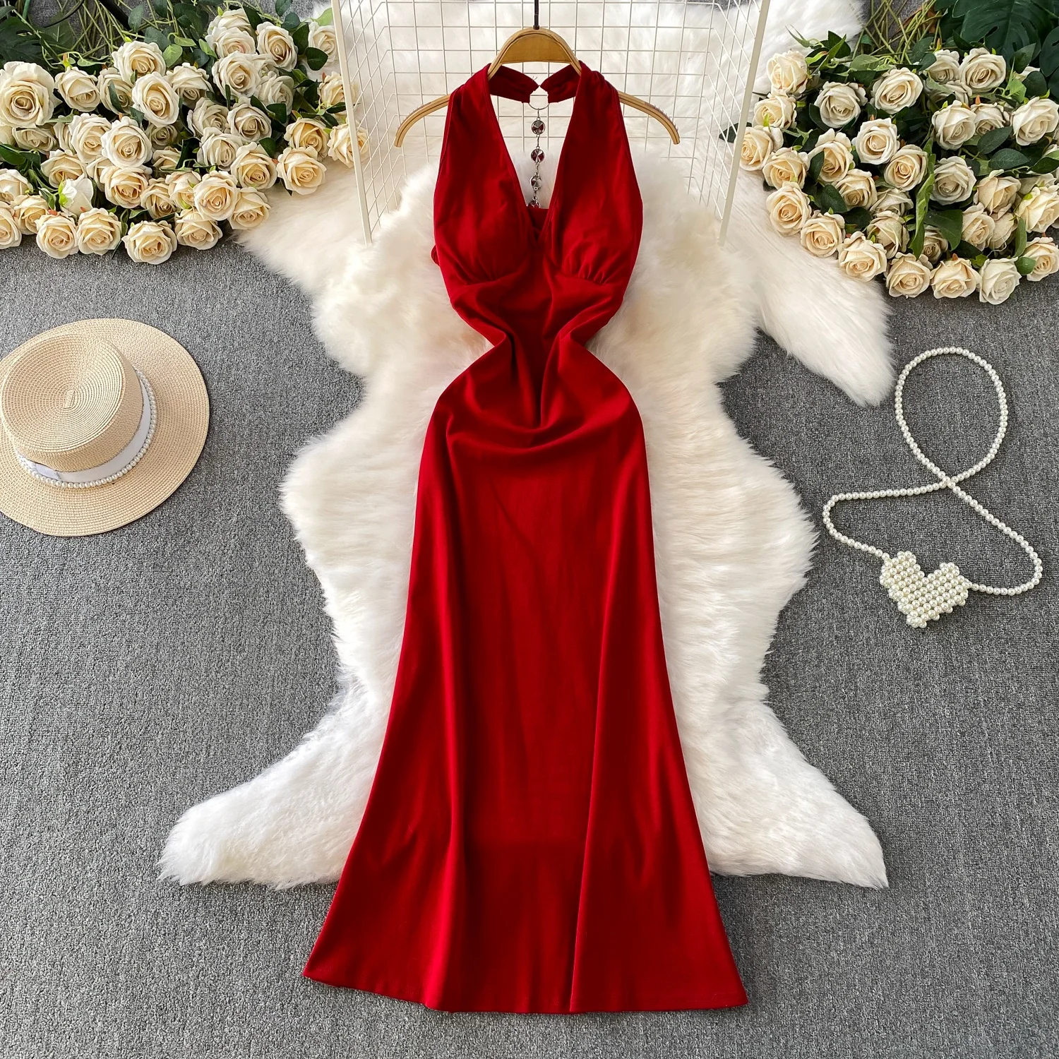 

Sexy V-ne Bal Dr with Chest Pad Hanging Ne Strap Women's Waist-cinching Slimming A-line Long Dr