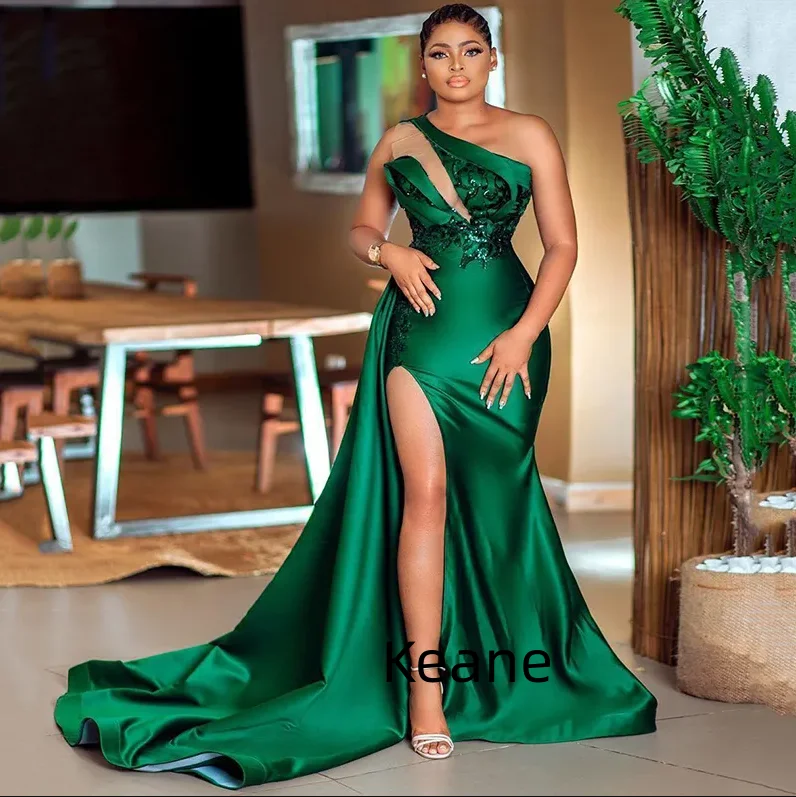 

Satin High Slit One Shoulder Deep v Evening Dresses Custom Made Dress for Special Occasions Prom Gowns