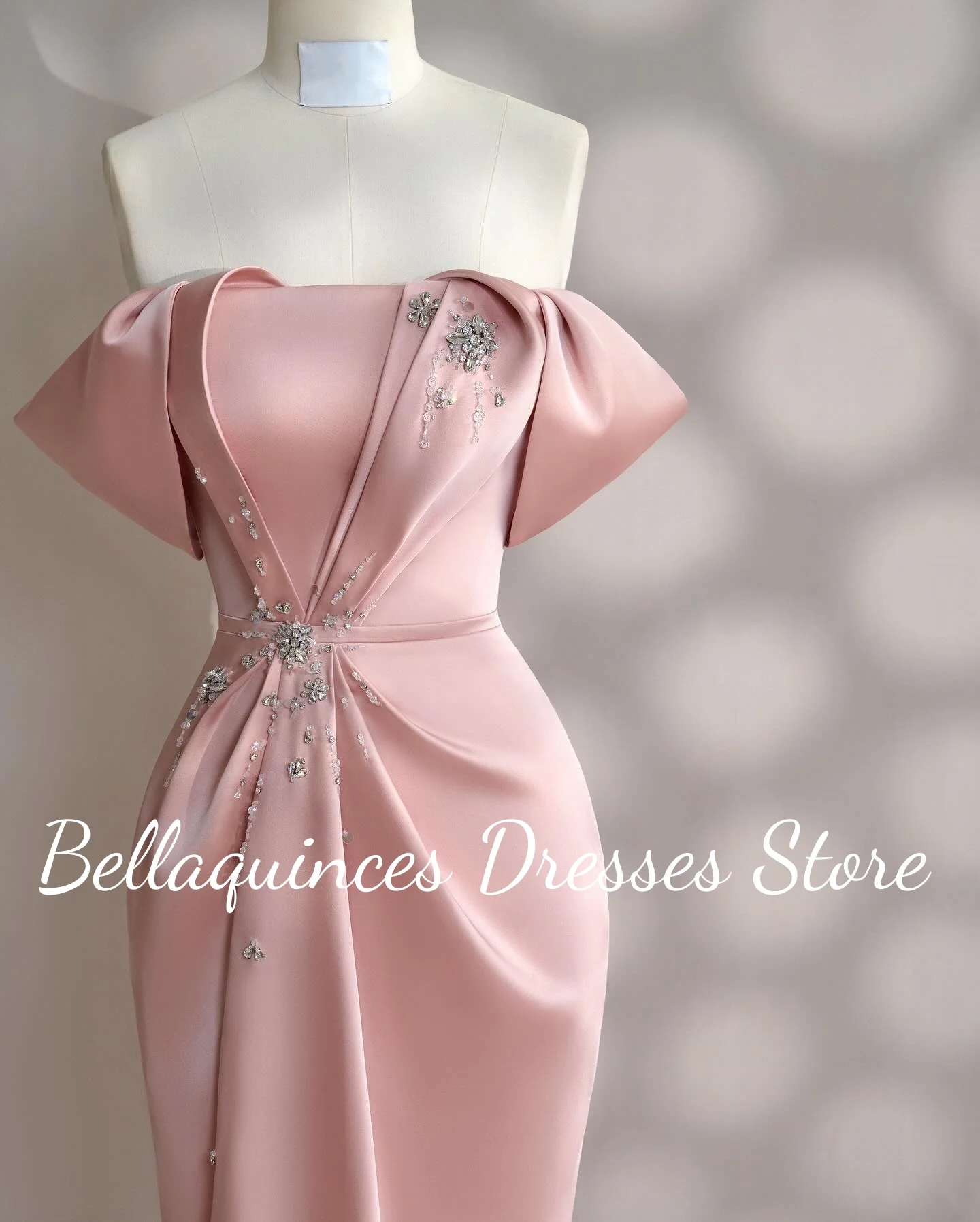 여성용 우아한 인어 핑크 새틴 이브닝 드레스, 러플 포함, 럭셔리 라인석 구슬 장식 긴 무도회 가운, 맞춤형 가운