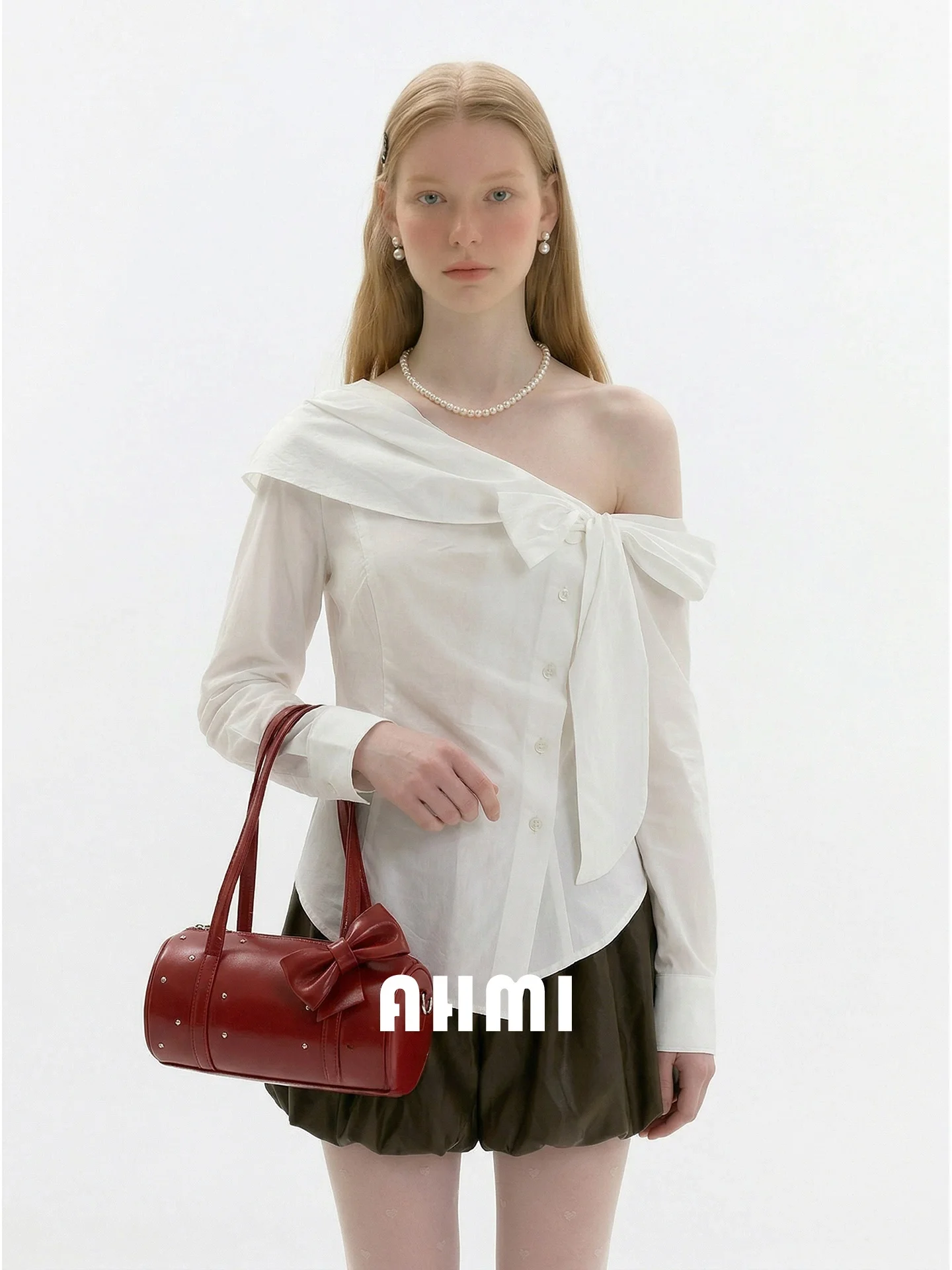 

AHMI White Knot Belted irt Women's Spring 2026 Sculpture Design Slimming Top Korean Sle Loose Fit Long Sve