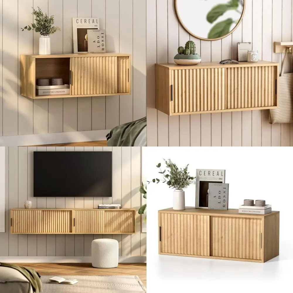 

Modern Sliding Door Wall Cabinet & Large Floating Oak Nightstand for Bedrooms & Studies