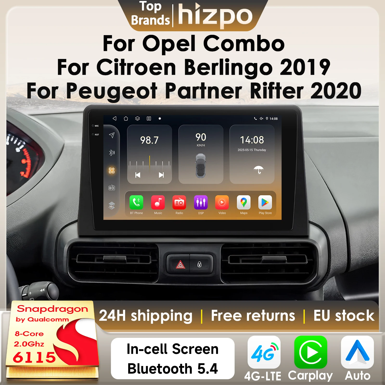 Autoradio Hizpo 8G 128G 2Din Android 14 per Opel Combo, Citroen Berlingo 2019, Peugeot Partner Rifter 2020 con GPS e Carplay 6115