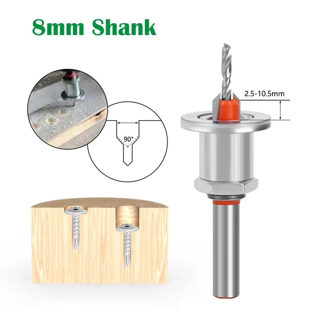 Router per la lavorazione del legno in acciaio legato con punta da trapano svasatore regolabile con gambo da 8 mm con limitatore di profondità per la fresatura e la perforazione dei fori della vite