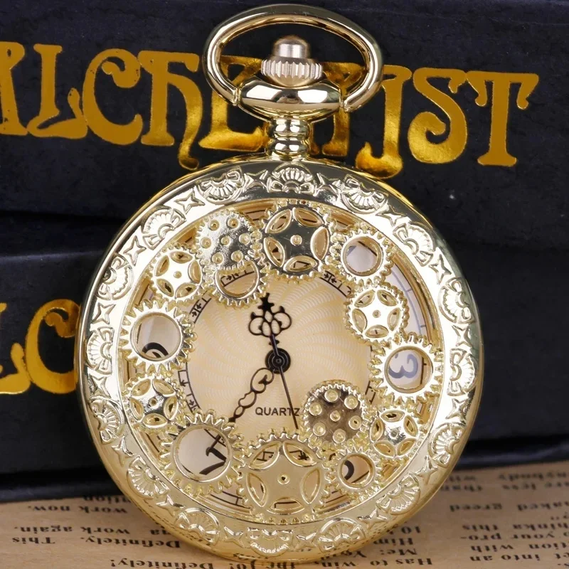 Gold Hollow Skeleton Gear Pocket Watches Collection Vintage Casual Pendant Jewelry Necklace With Chain Mens Women Gift