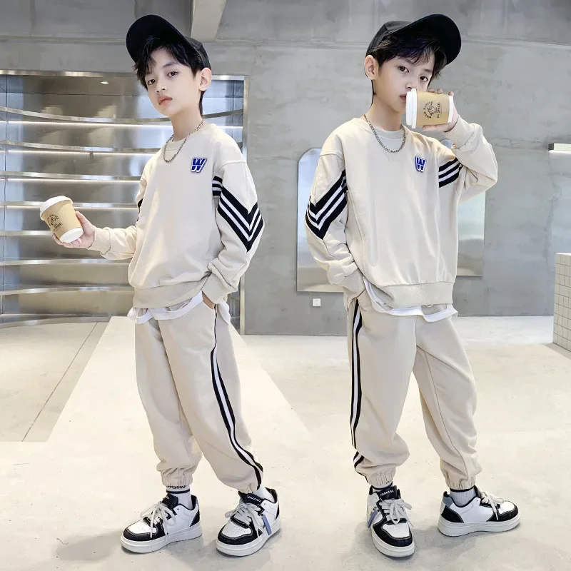 Autumn Spring Teen Boys Clothing Set Children Side Stripe Sweatshirt Pullover Top and Sport Pant Suit 2PCS Sport Outfits