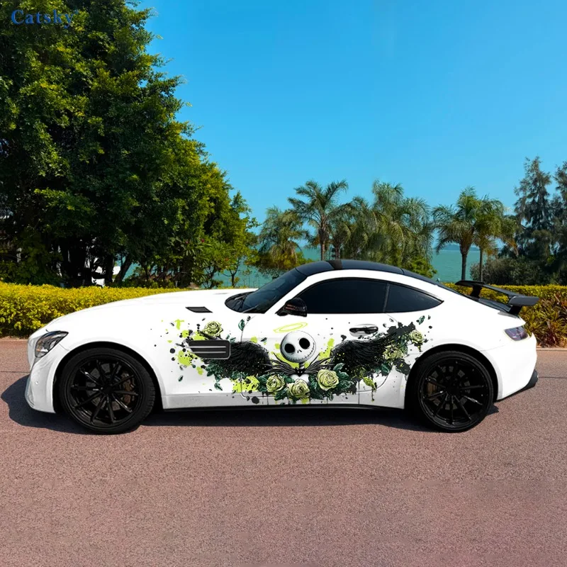 

Крылатый череп, роза, красочные автомобильные виниловые наклейки, самоклеящаяся наклейка из ПВХ, подходит для грузовиков, внедорожников, декор, автоаксессуары, подарок