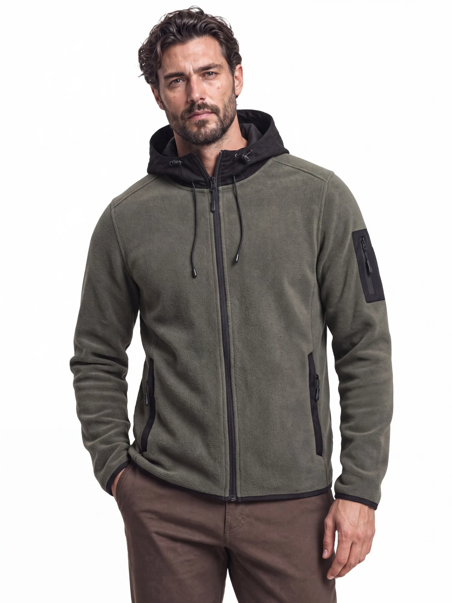 AIOPESON Herren Fleecejacke mit mehreren Taschen, Kapuze, durchgehendem Reißverschluss, Wildlederkapuze, Streetwear, Herbst-Winter, warme Oberbekleidung – Detail 4