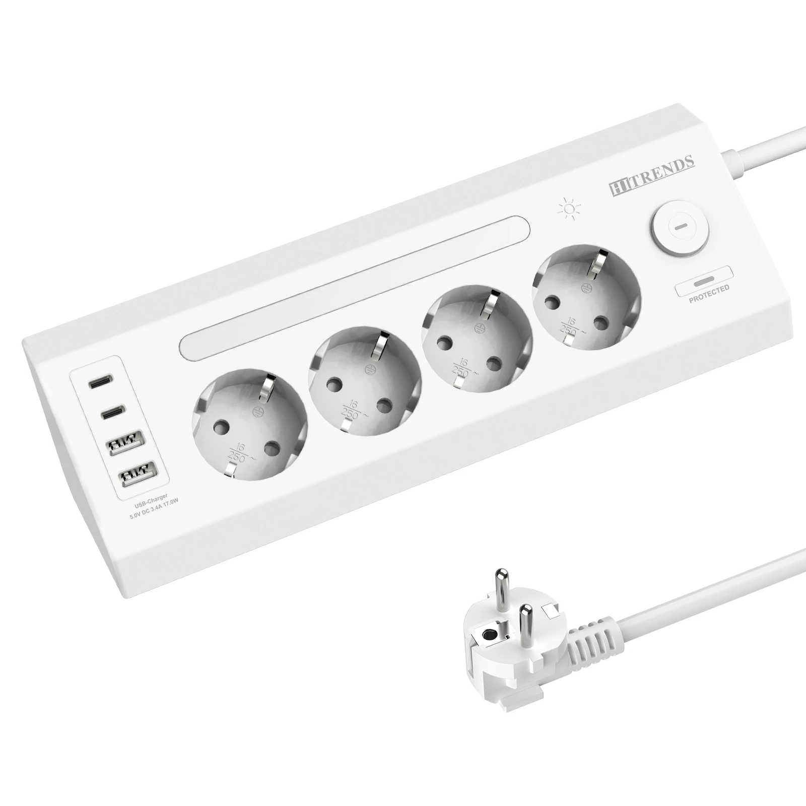 8-in-1 corner socket, 4AC+2USB-A+2USB-C, wall-mounted desktop dual-purpose, safety door protection, 1.8-meter extension cable