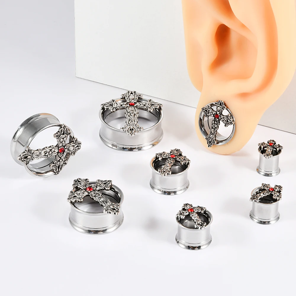 2-1 قطعة الفولاذ المقاوم للصدأ جولة القوطي كريستال الصليب الأذن مقاييس المقابس الأذن الأنفاق المتوسع نقالات ثقب المجوهرات للجنسين هدية #4