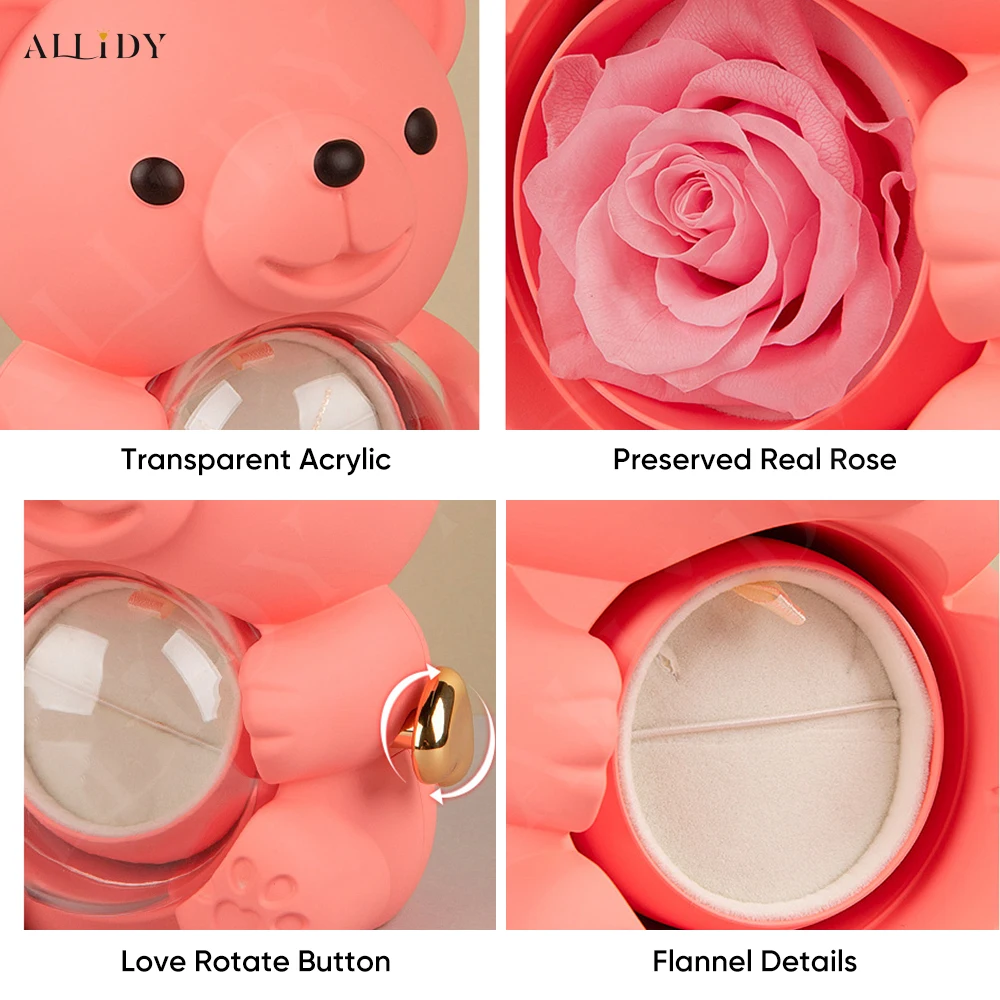 2024New Surprise Gift Ideas Real Preserved Eternal Rose Teddy Bear Necklace Ring Jewelry Box Christmas Valentine's Day Presents