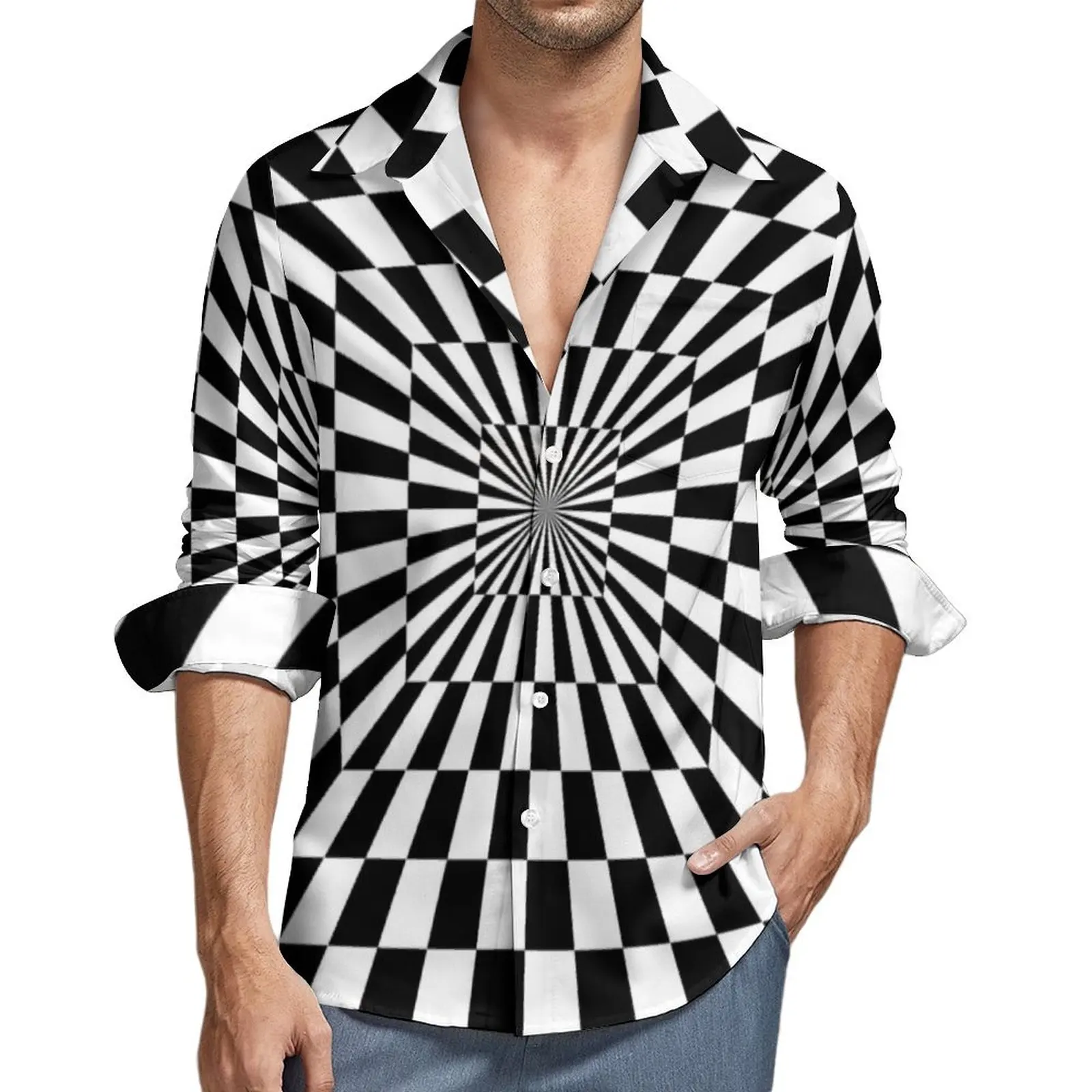 Geometry Casual Shirt Male Optical Illusion Chessboard Comfortable Shirt Spring Loose Blouse Long Sleeve Design Oversized Top