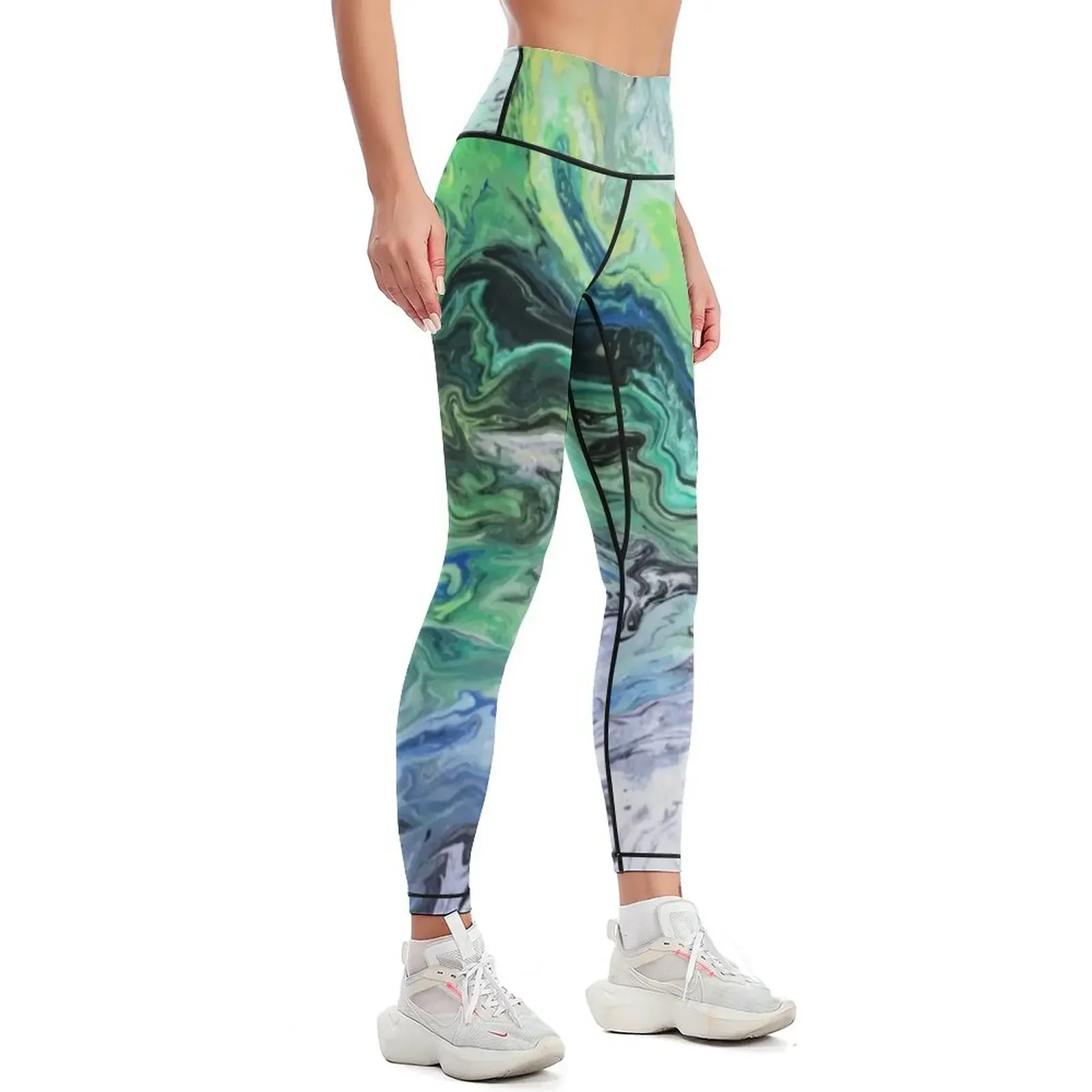Algae Bloom, Abstract art, black, green, white Leggings Women sportwear sport set Fitness clothing for girls Womens Leggings