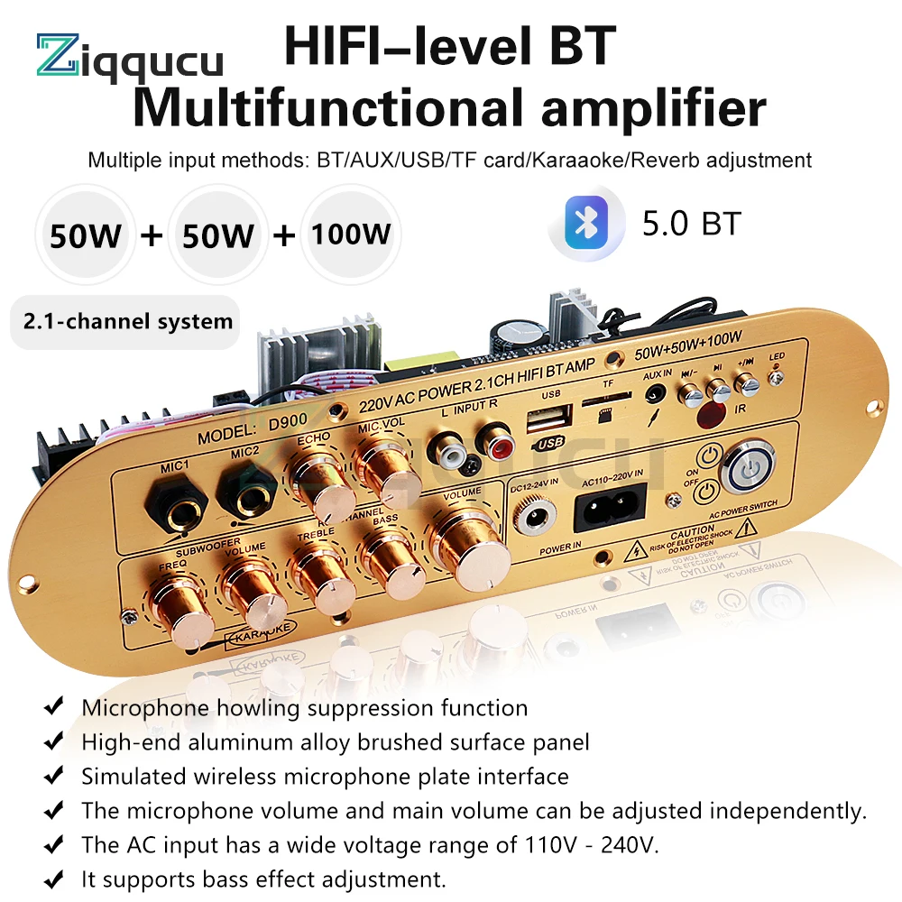 

D900 2.1 Channel Bluetooth Amplifier Board DC 12-24V / AC 110-220V 50W+50W+100W High Power Subwoofer Digital Amp Board for Home