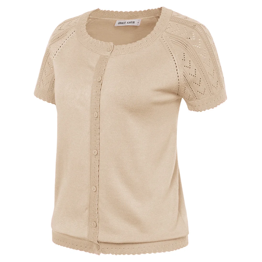 GK Tops de manga raglán para mujer, cárdigan suave de cuello redondo con botones, suéter de ganchillo coreano, blusas de punto para mujer, novedad de verano