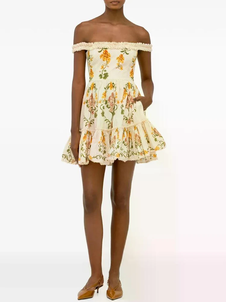 2026 Summer Women's Clothing Retro Print Sexy Boat Collar Suspender Dress Smocked Waist Puff Skirt Resort Style Loose Skirt