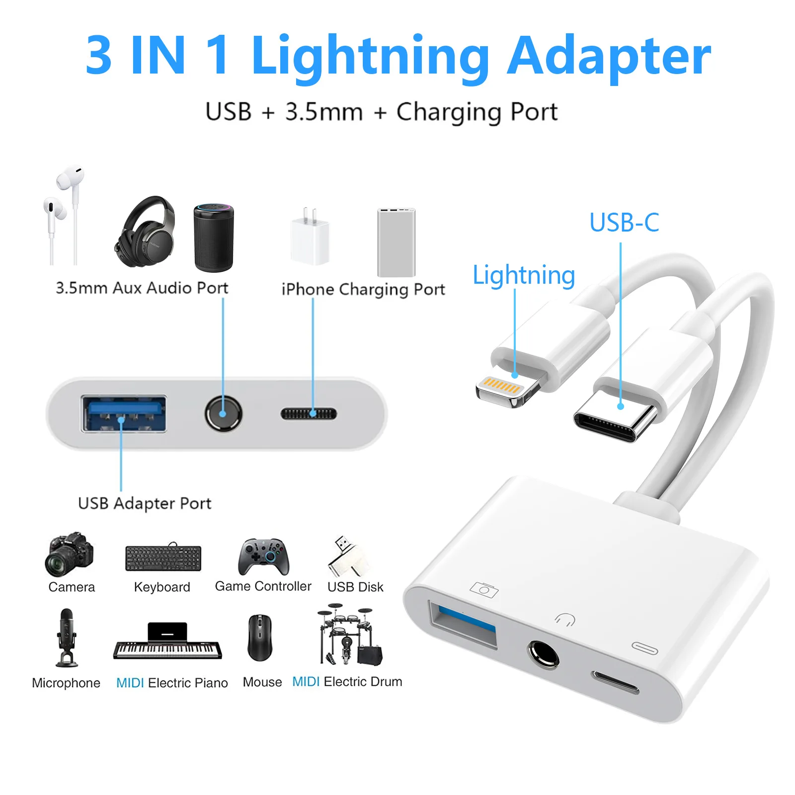 Tablet Mobile USB Splitter Convertitore audio per cuffie Adattatore OTG Ricarica PD Trasmissione dati da tipo C a 3,5 mm per Android IOS