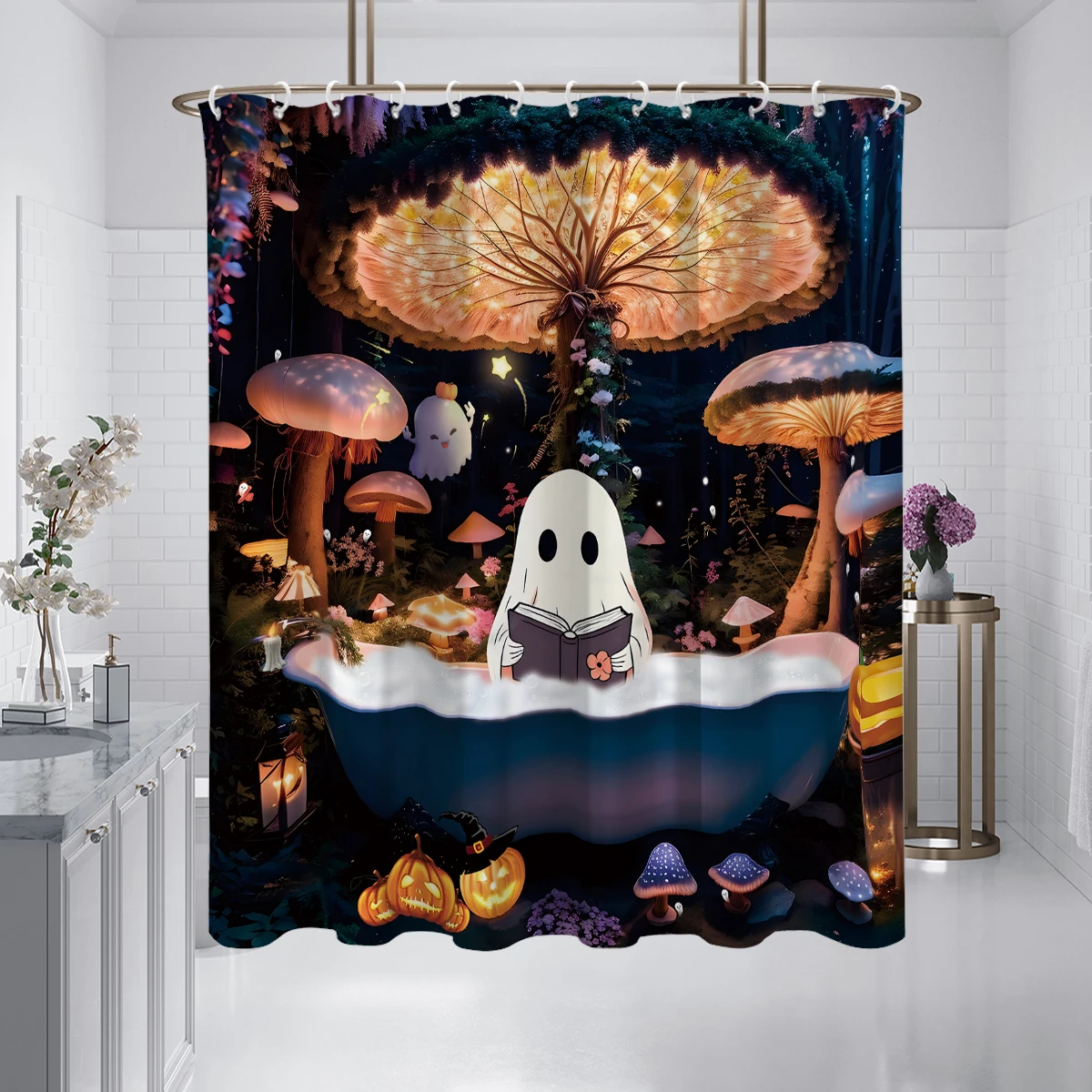 Halloween Themed Series Shower Curtain - Cute Ghost Element Bathroom Set Decoration,Halloween Party Gifts Supplies-71\