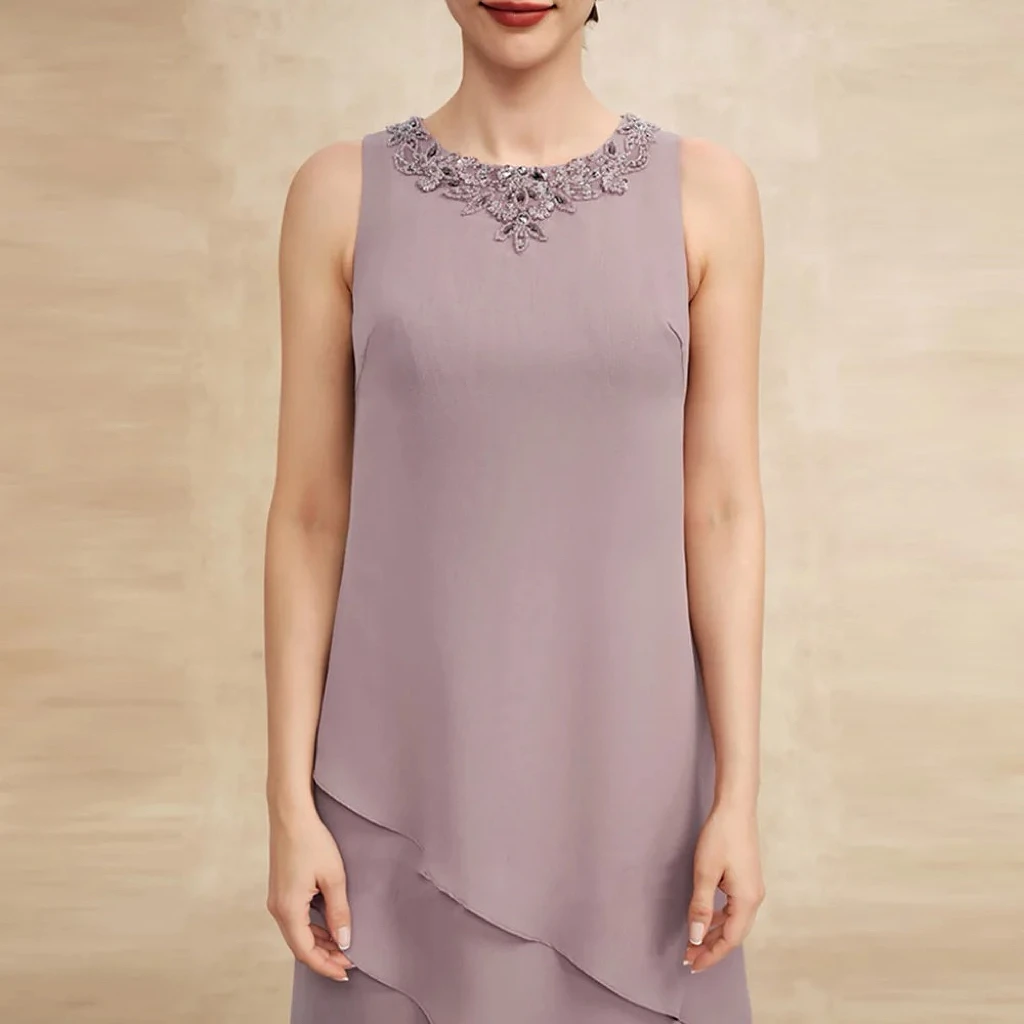 Vestidos de gasa púrpura para madre de la novia, cuello redondo, Apliques de encaje con chaqueta, cremallera, volantes, cuello redondo, ocasión Formal, vestidos de noche