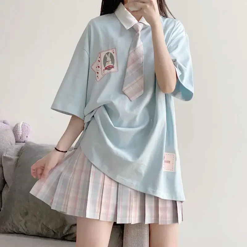 Preppy Japan Jk Uniform Skirt Suit Soft Girl Cute Rabbit Print Short-sleeved T-shirt Grid Pleated Skirt 2022 Suit/single Piece