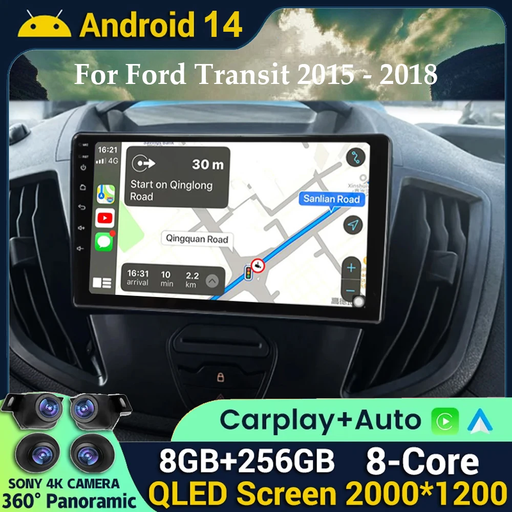 

9 INCH 2K QLED Android 14 Car Radio For Ford Transit 2015 2016 2017 2018 Multimedia Video Player GPS 4G Carplay+Auto Autoradio