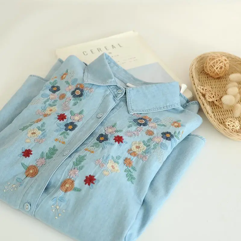 New Autumn Cotton Denim Shirts Women Basic Embroidery Top Girl Polo Collar Flower Long Sleeve Cute Casual Blouse Spring T39230QM