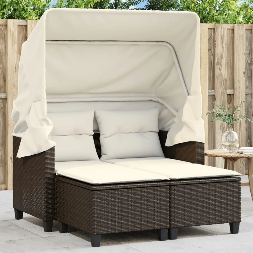 Outside Chair Outdoor Sofa Set Outdoor Couches Balcony Couch - Patio Sofa 2-Seater with Canopy and Stools Brown Poly Rattan