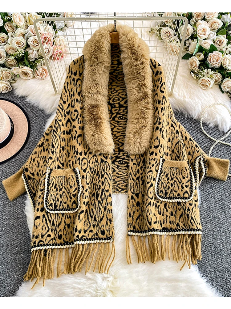 

Autumn Winter Fur Collar Bat Sleeve Knitted Coat Women's New Leopard Print Tassel Shawl Elegant Coat Top L67