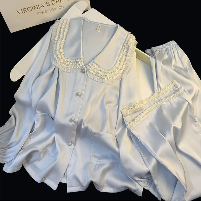 

Silkly Satin Sleepwear Princess Style Lace Doll Collar Shirt Pants 2Pcs Home Clothes Women Summer New Loungewear Female Pajamas