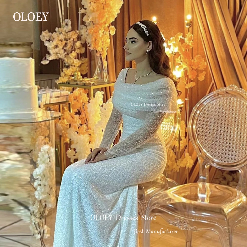 OLOEY Glitter Mermaid Wedding Dresses Long Sleeves Scoop Neck Sparkly Dubai Arabic Women Bridal Gowns Formal Party Dress