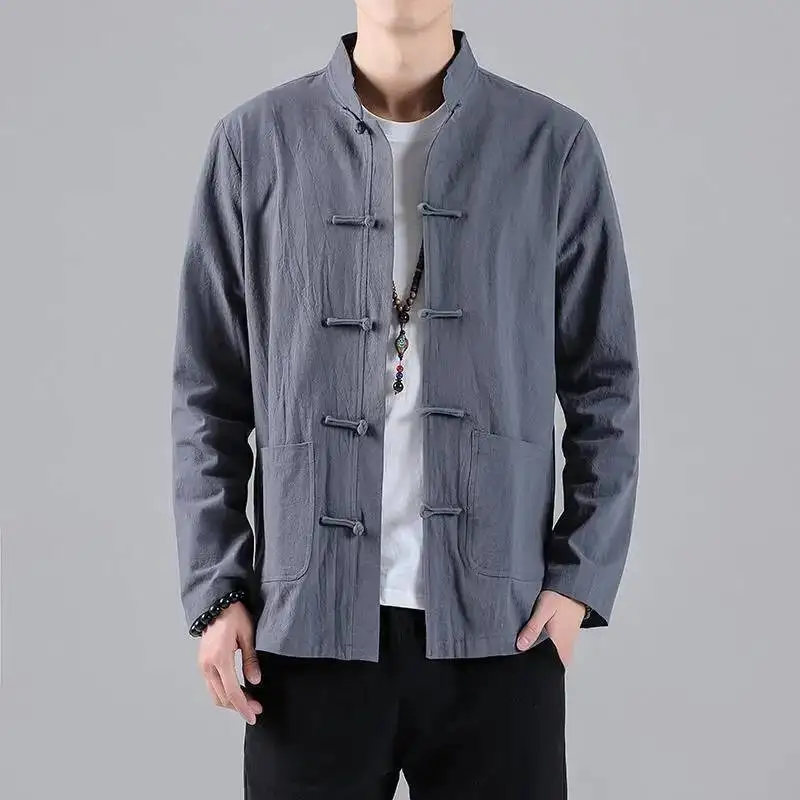 حجم كبير 5XL كيمونو سترة الرجال الملابس الصينية التقليدية الكتان Hanfu أعلى طويلة الأكمام تانغ دعوى الكونغ فو قميص سترة معطف #4